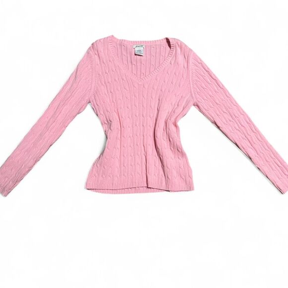 Vintage St. Johns Bay bubblegum Pink cable knit sweater with V-neck - Picture 2 of 6